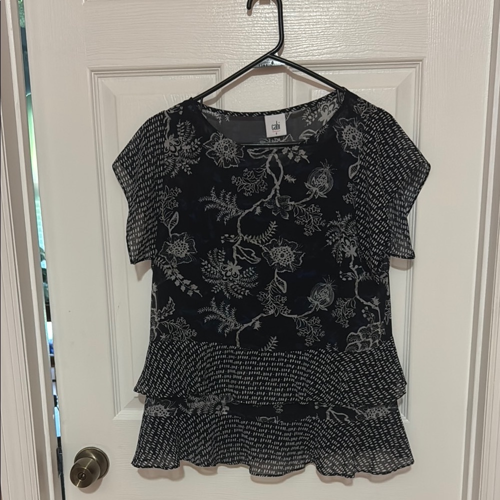 CAbi Black and White Ruffled Tiered Blouse